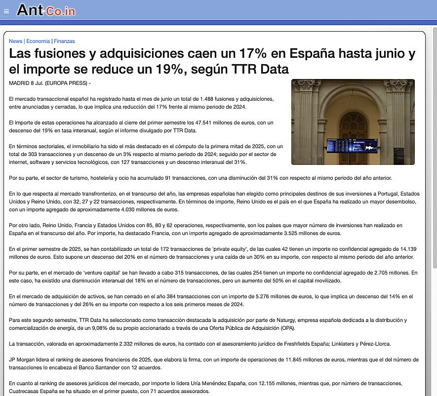 Las fusiones y adquisiciones caen un 17% en Espaa hasta junio y el importe se reduce un 19%, segn TTR Data